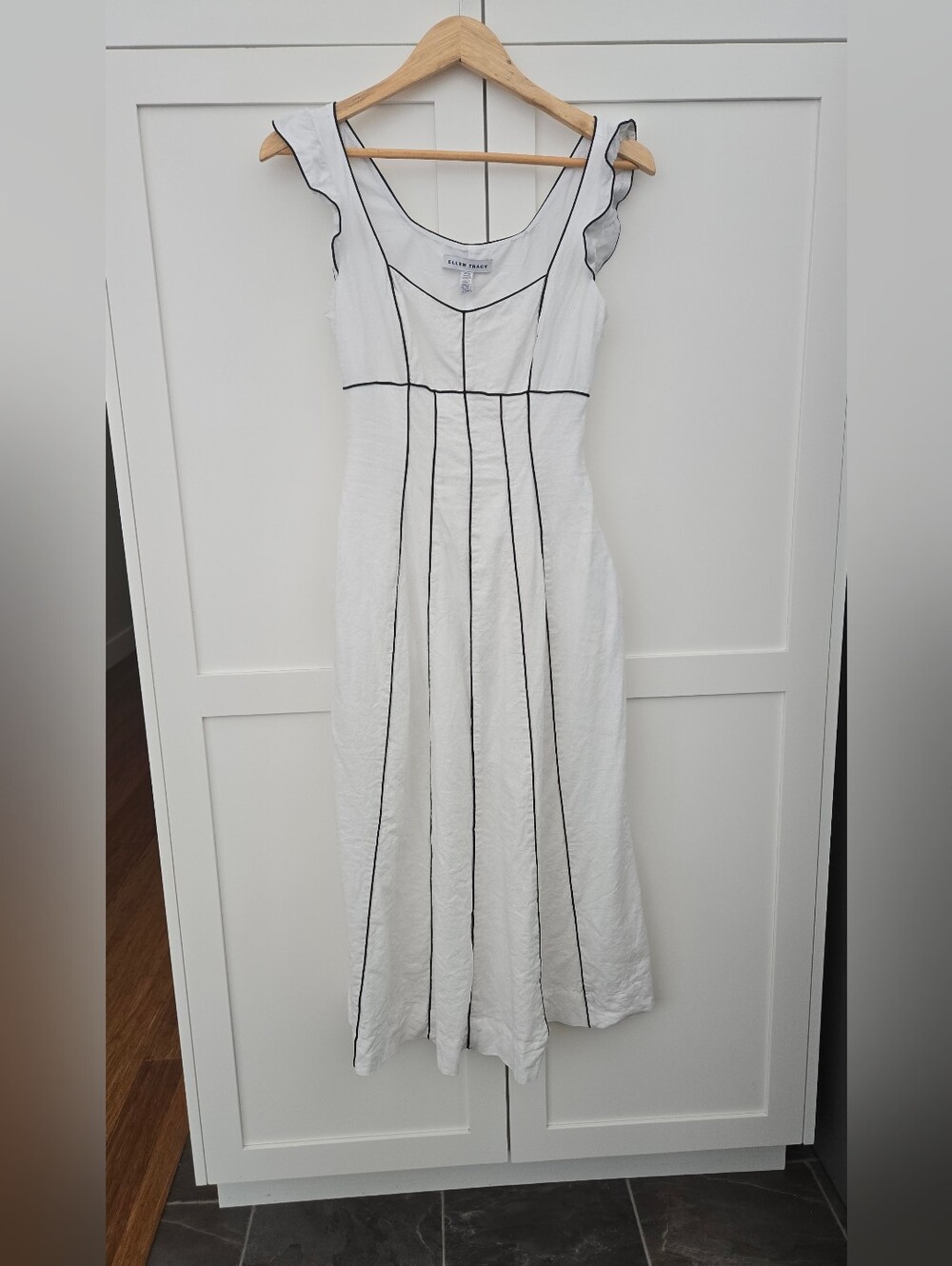 Ellen Tracy Contrast Piping Linen Blend Midi Dress White Fit Flare Coquette XS